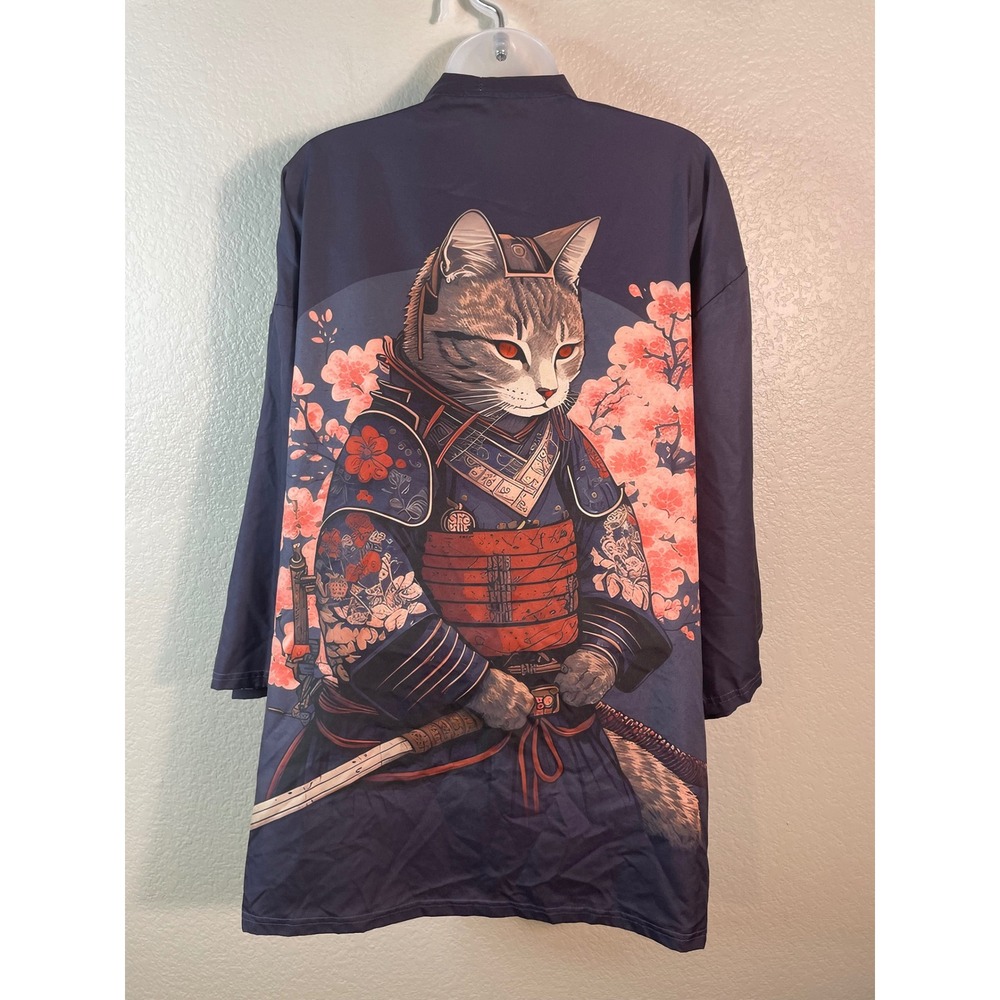 Womens XL Kimono Jacket Black Samurai Cat Kitten Cherry Blossom Graphic Novelty